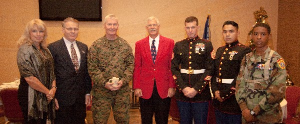 Together at the December luncheon are (l-r) Patti Siegmann of Eagle Young Marines; Mark Witzel, chapter president; Lt. Gen. John Toolan, USMC, commanding general, I Marine Expeditionary Force; Dave Grundies, regional vice president; Staff Sgt. Jon Swanson, USMC, Camp Pendleton Toys for Tots coordinator; Cpl. Enriquez, representing the Toys for Tots Program; and Lance Cpl. Ricky Jones, USMC, Eagle Young Marine. 